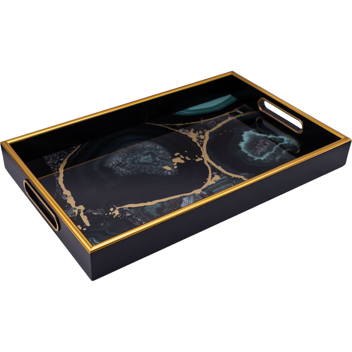 Black Rectangular Agate-Style Decorative Tray