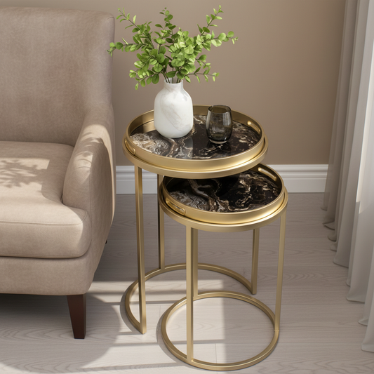 Gold side table with marble top in a living room setting
