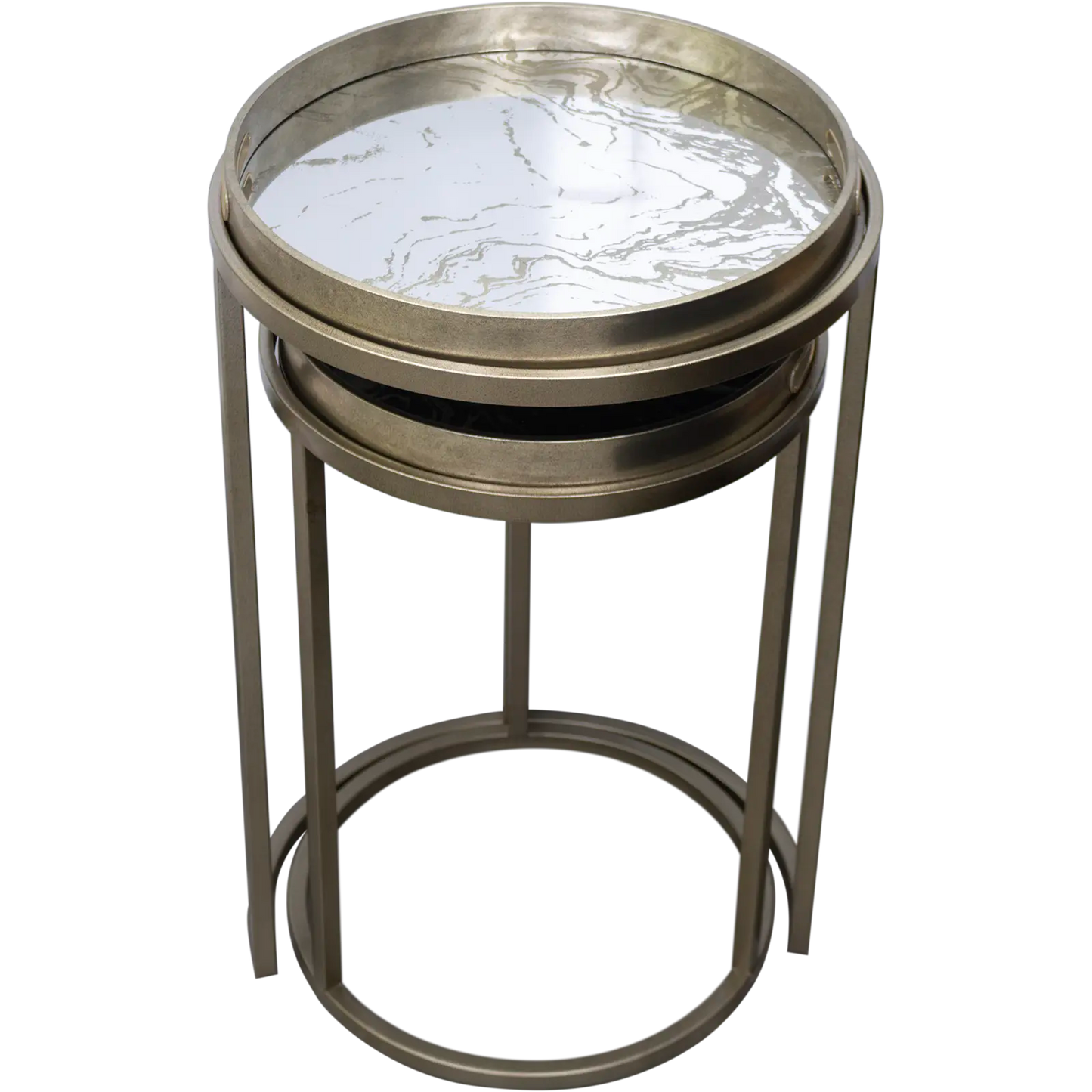 Antique Silver Nesting Table Set with Marble Effect Glass Tops