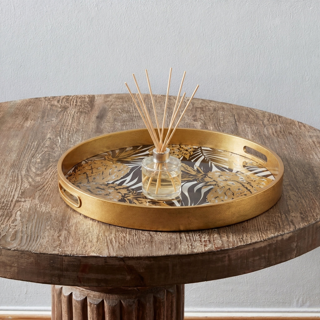 Round Decorative Gold Tropical Pineapple Serving Candle Drinks Tray