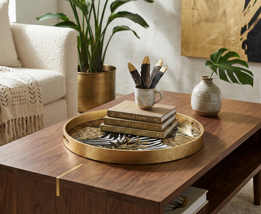 Round Decorative Gold Tropical Pineapple Serving Candle Drinks Tray