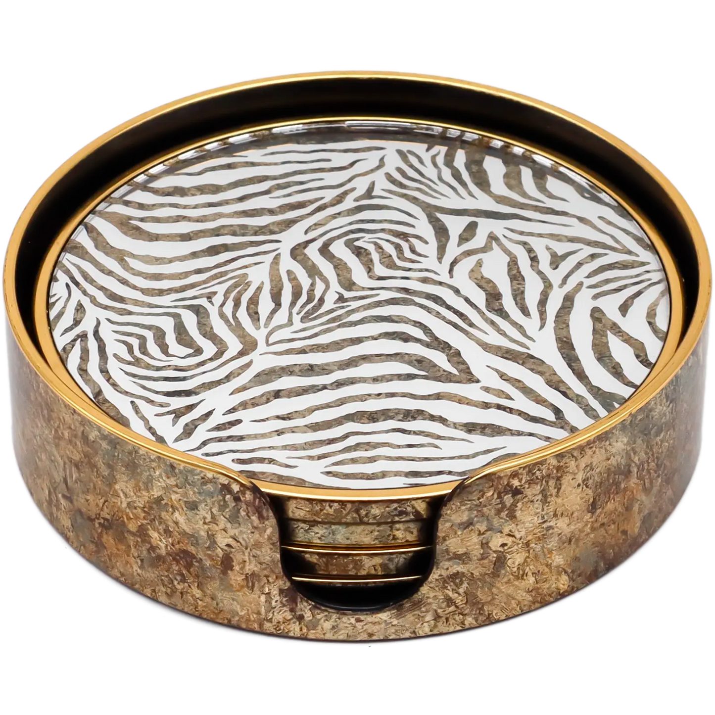 Set of 4 Zebra Print Round Drink Coasters with Holder