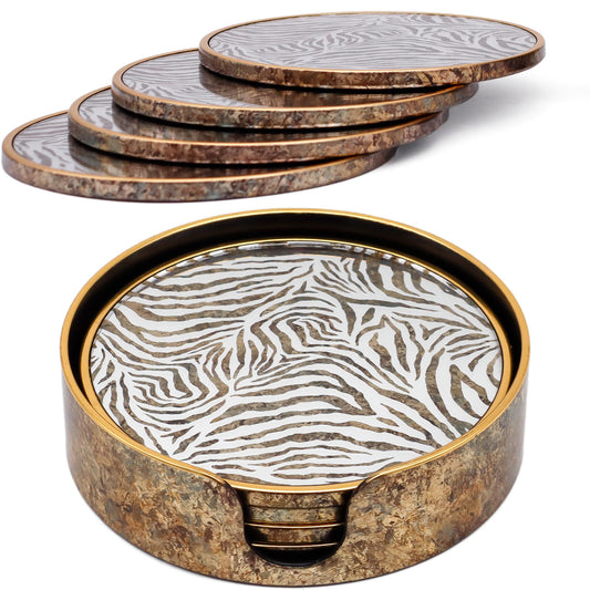 Set of 4 Zebra Print Round Drink Coasters with Holder