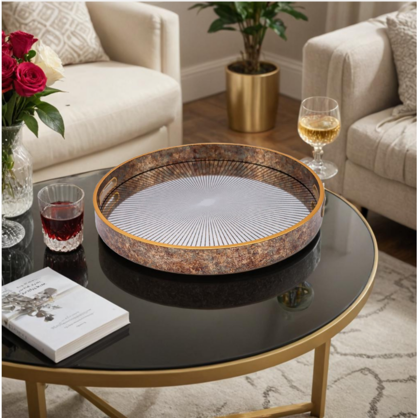 Round Sunburst Decorative Coffee Table Tray