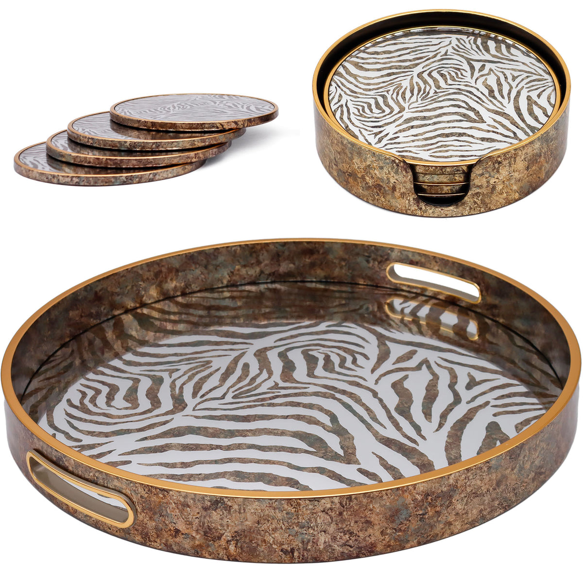 Round Zebra Print Tray and Drink Coasters Set