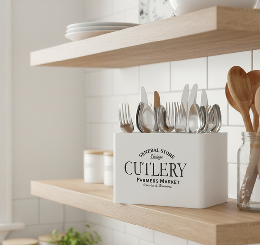 White Farmhouse Cutlery Caddy with Vintage Print