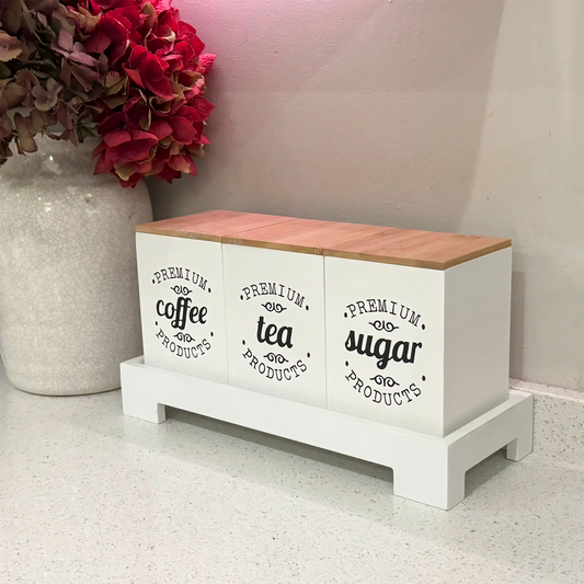 White Tea, Coffee & Sugar Canisters (Set of 3) with Bamboo Lids & Stand