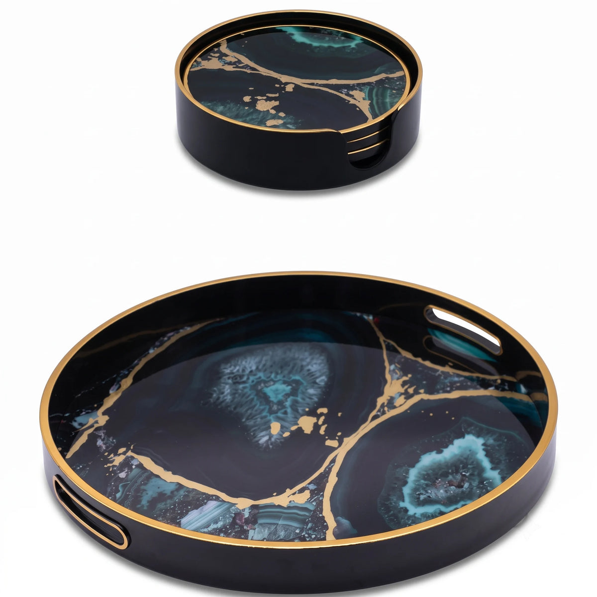 Two round black serving trays with gold trim and a glossy agate-inspired pattern in teal, blue, and gold, shown on a white background.
