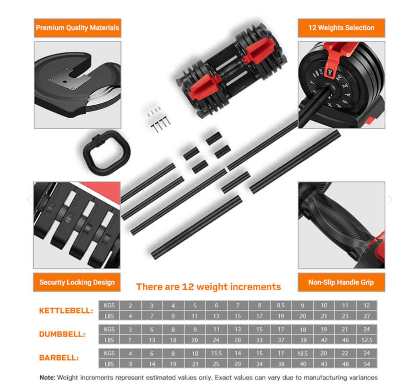 Quick-Select 3-in-1 Adjustable Dumbbell-Barbell-Kettlebell Set (2-24kg)