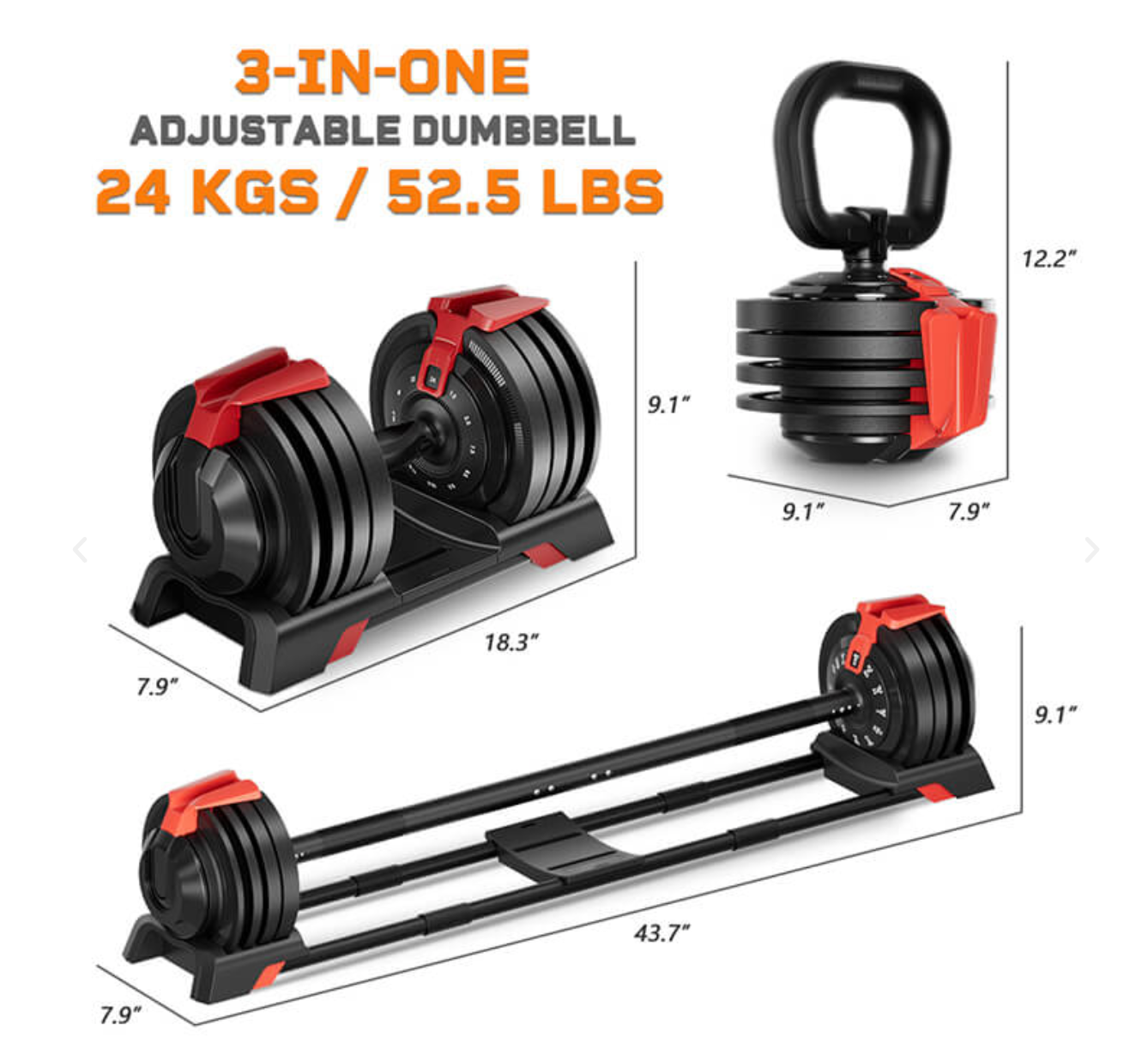 Quick-Select 3-in-1 Adjustable Dumbbell-Barbell-Kettlebell Set (2-24kg)