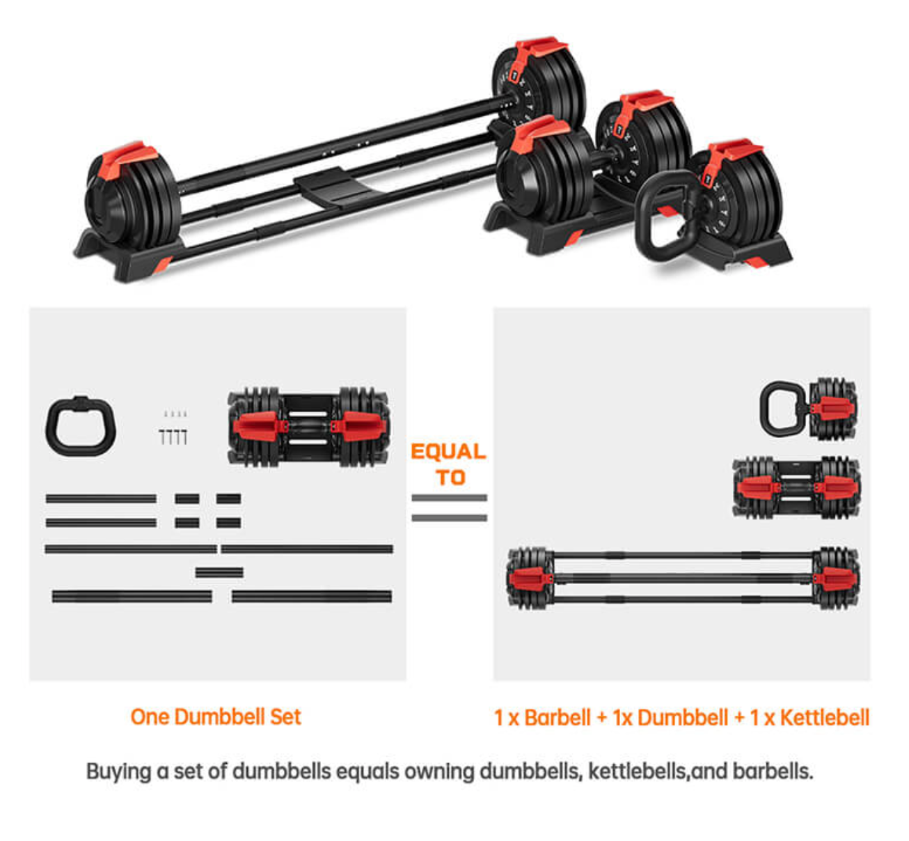 Quick-Select 3-in-1 Adjustable Dumbbell-Barbell-Kettlebell Set (2-24kg)