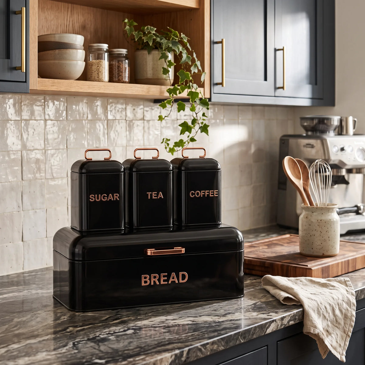 A set of four black metal canisters and bread bin with copper-toned handles and lettering, arranged on a kitchen countertop. The labels read SUGAR, TEA, COFFEE, and BREAD.