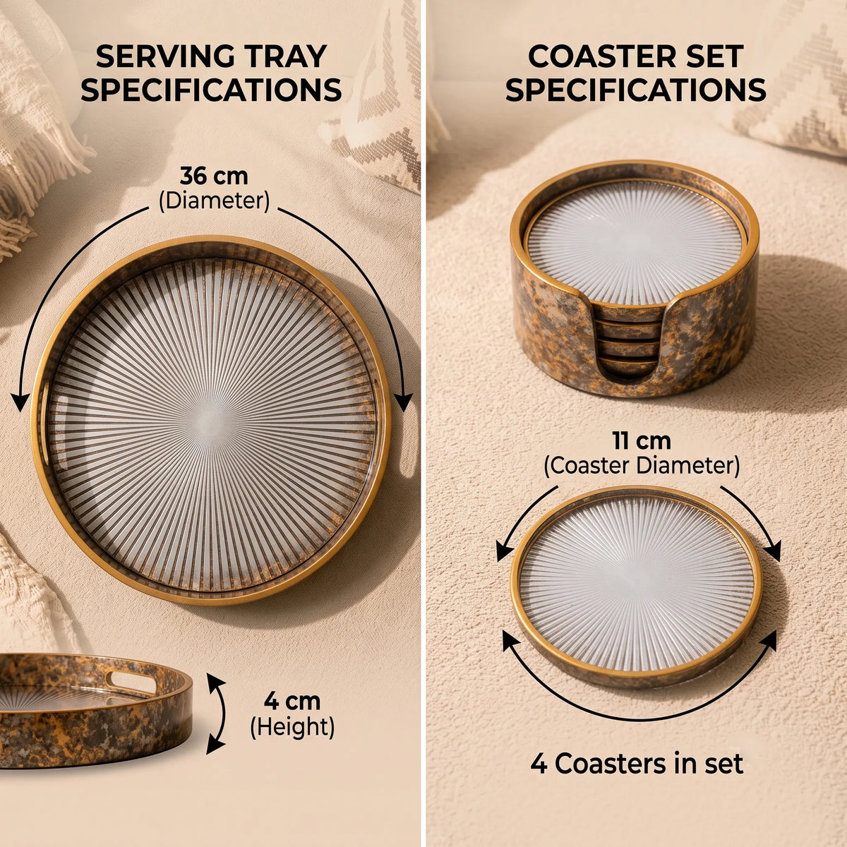 Sunburst Mirrored Serving Tray and 4-Piece Drink Coaster Set with Holder
