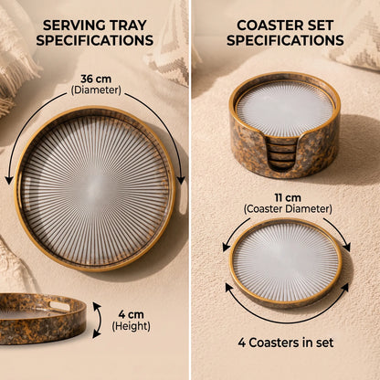 Sunburst Mirrored Serving Tray and 4-Piece Drink Coaster Set with Holder