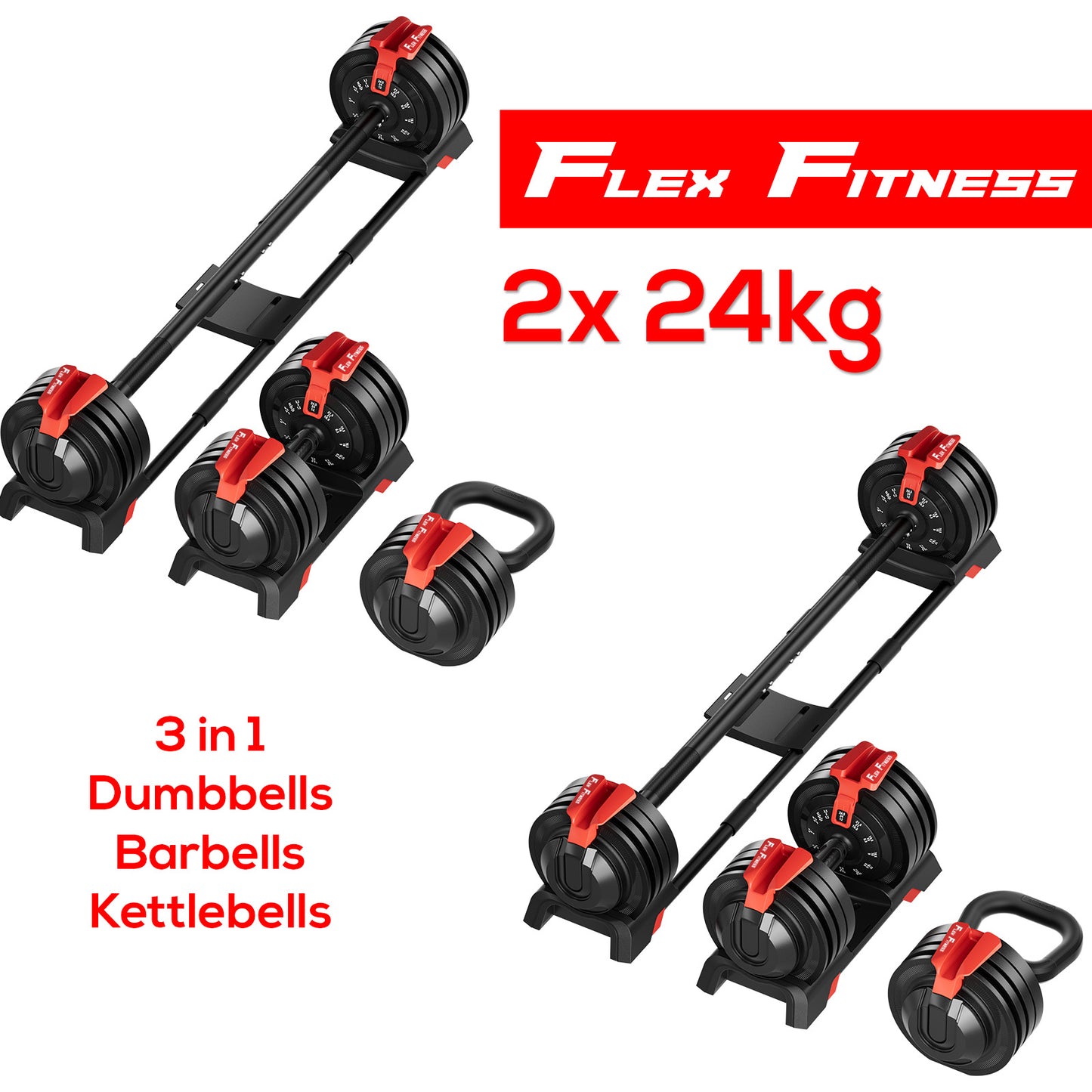 Quick Select Adjustable 3 in 1 Dumbbell Barbell Kettlebell Pair Set (2kg - 24kg) x2