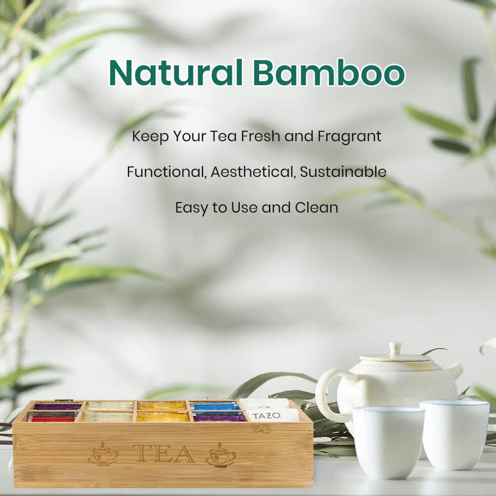 Bamboo Chai Box Tea Storage Organizer, 10 Compartments Acrylic Top Lid Window