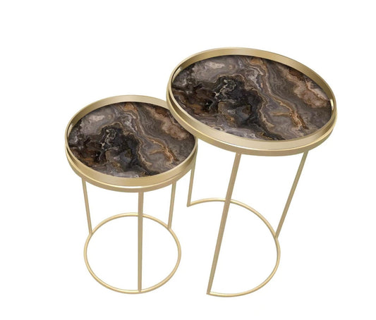 Golden Nesting Table Set with Decorative Marble Effect Glass Top