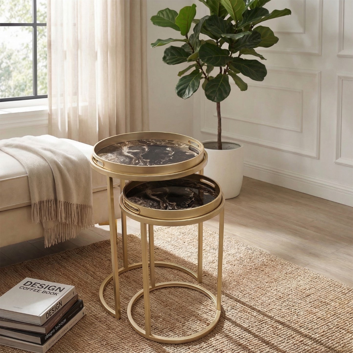 Golden Nesting Table Set with Decorative Marble Effect Glass Top