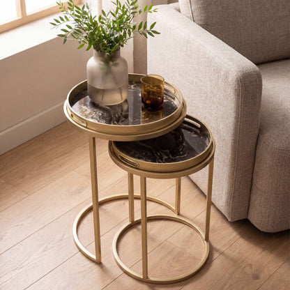 Golden Nesting Table Set with Decorative Marble Effect Glass Top