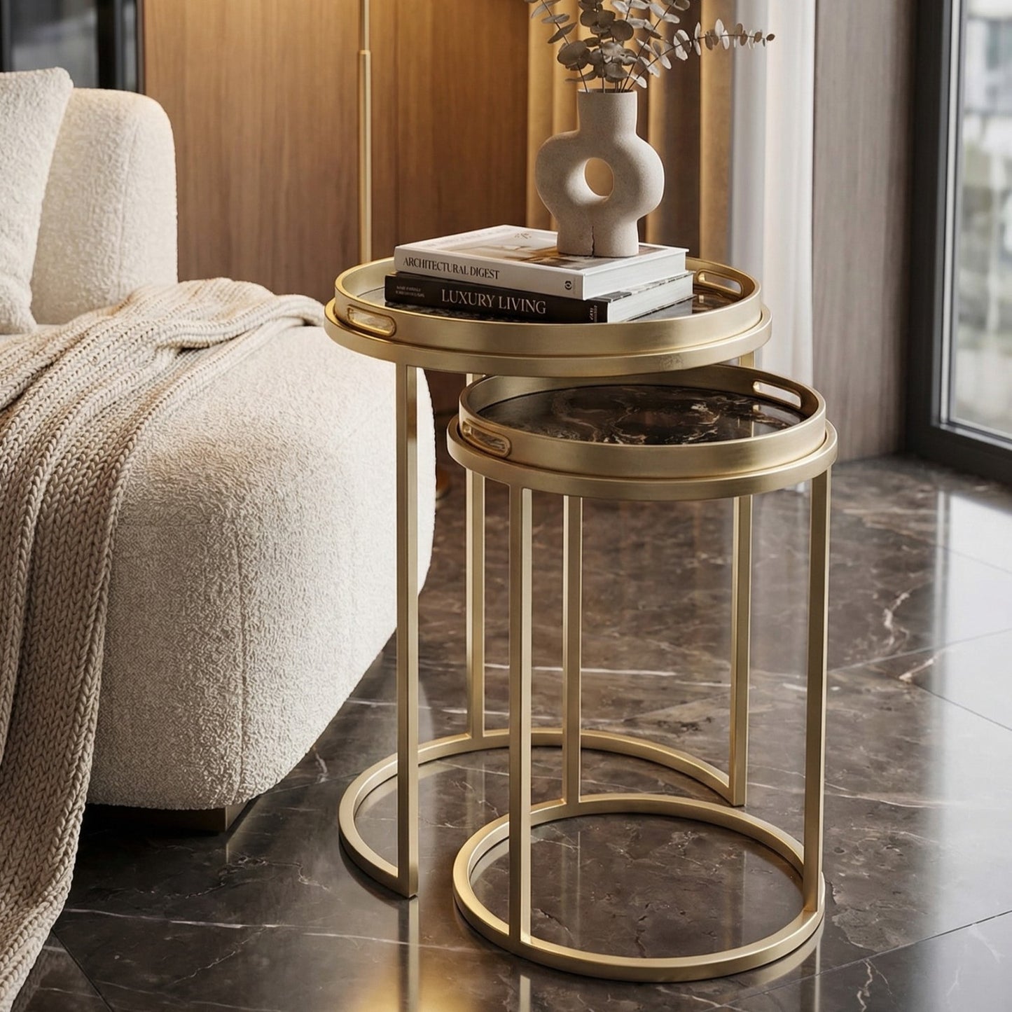 Golden Nesting Table Set with Decorative Marble Effect Glass Top