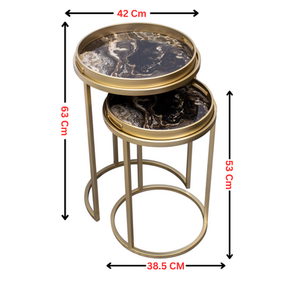 Golden Nesting Table Set with Decorative Marble Effect Glass Top