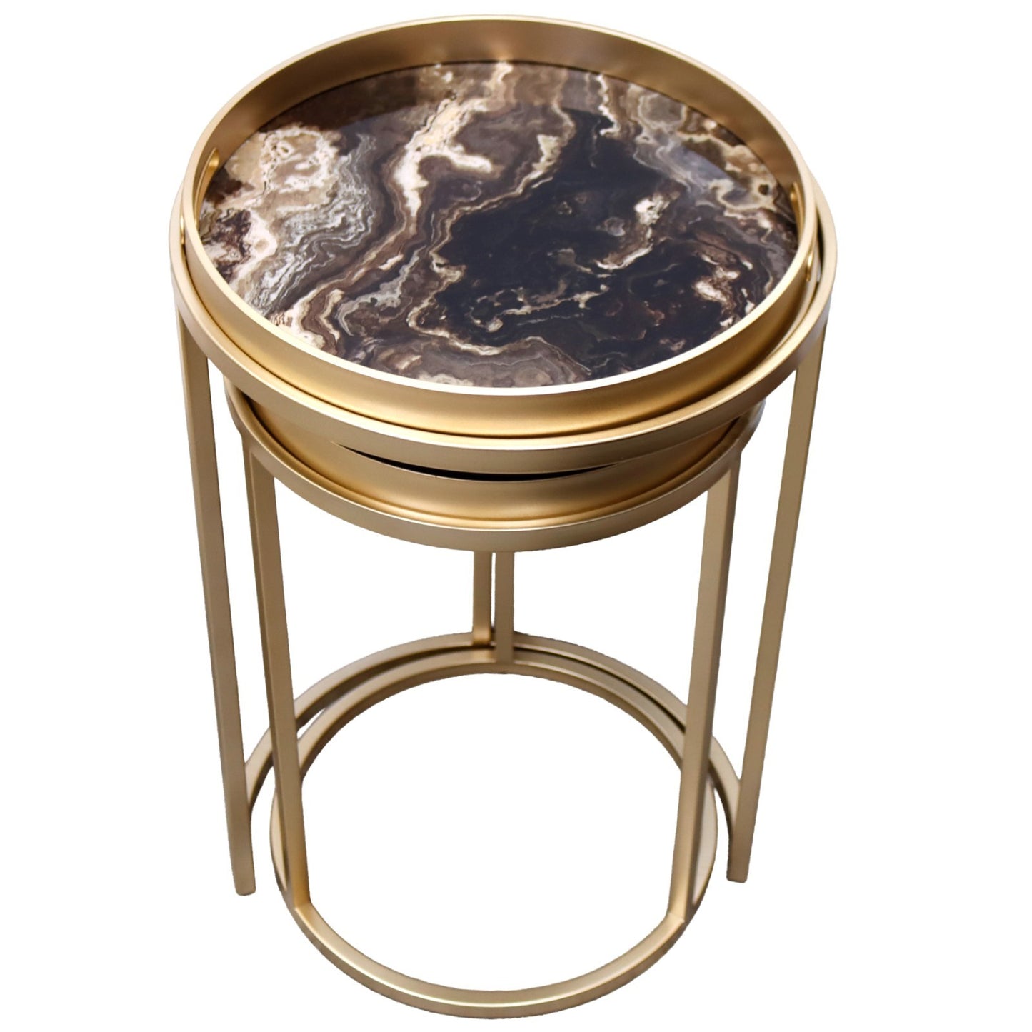 Golden Nesting Table Set with Decorative Marble Effect Glass Top