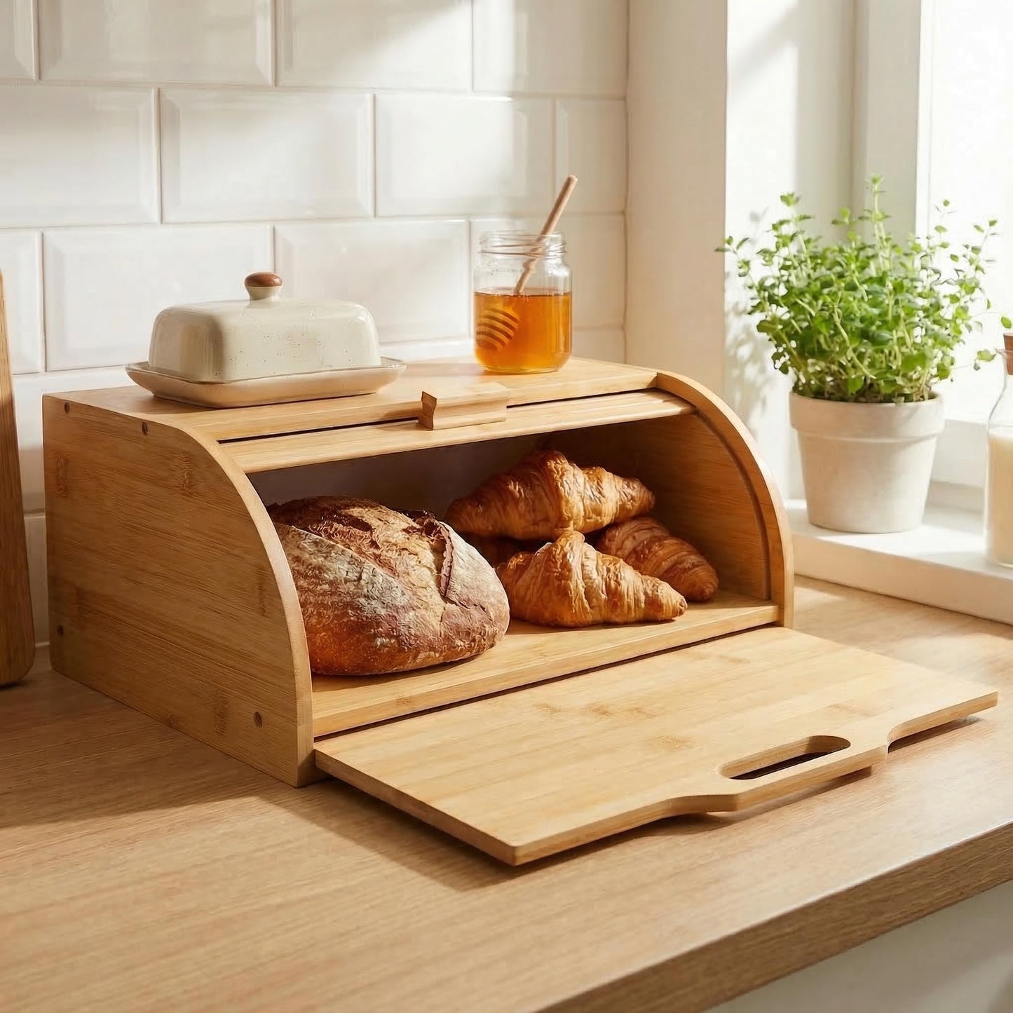 Bamboo Bread Box with Slide-Out Chopping Board