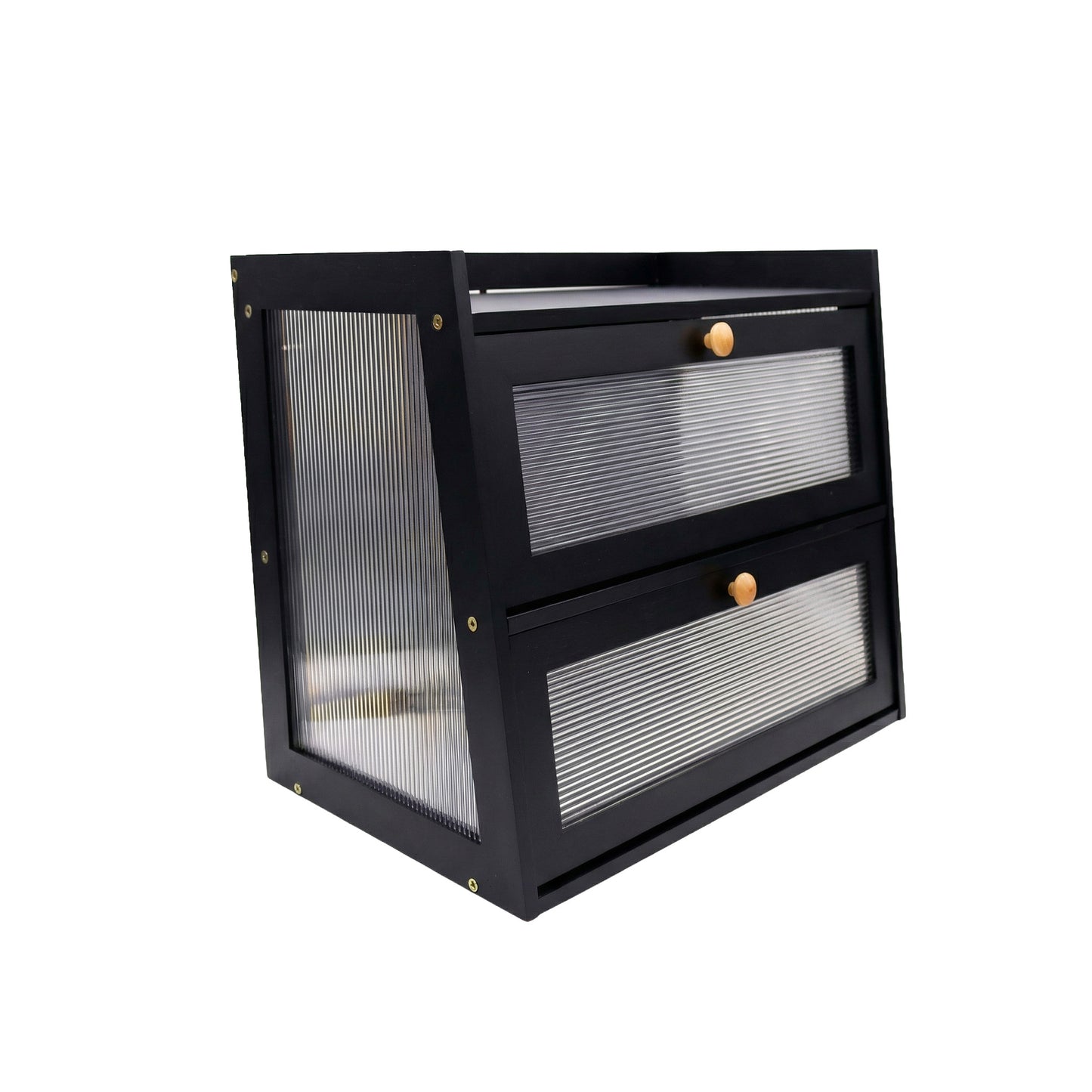 Black metal storage cabinet with two drawers on a white background