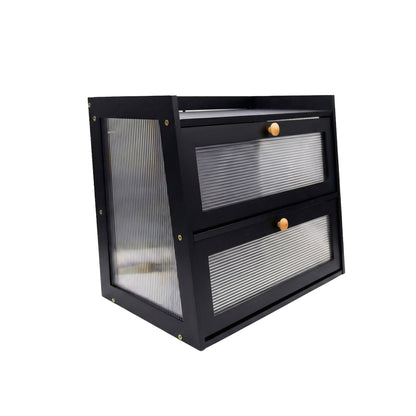 Black metal storage cabinet with two drawers on a white background