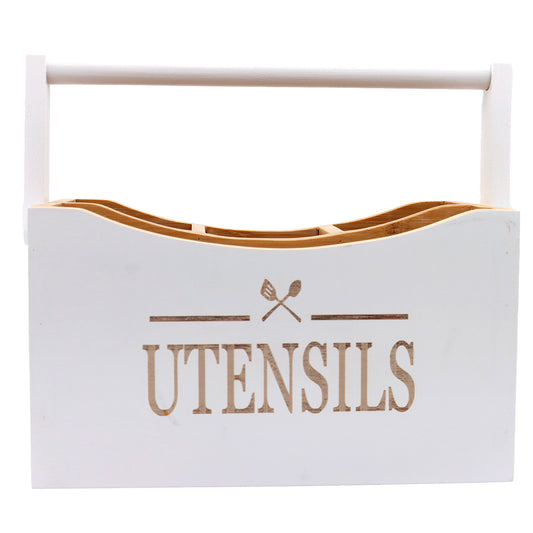 White utensil holder with wooden utensils and 'UTENSILS' text on a white background