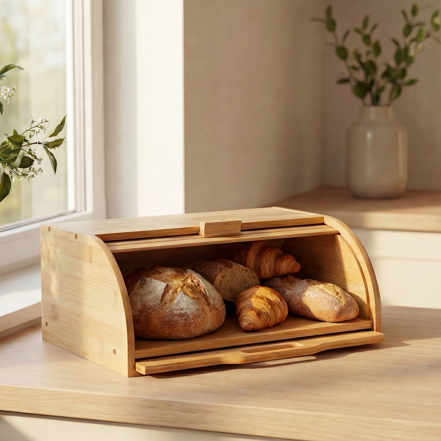 Bamboo Bread Box with Slide-Out Chopping Board