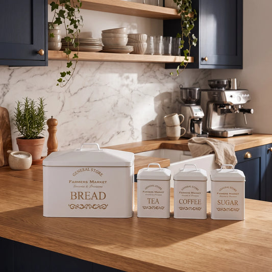 A set of white metal kitchen canisters with gold lettering, including a large Bread canister and three smaller Tea, Coffee, and Sugar canisters, arranged on a wooden kitchen counter.