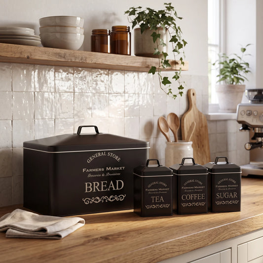 A set of black metal canisters with white lettering, including a large bread canister and three smaller tea, coffee, and sugar canisters, arranged on a wooden kitchen counter.