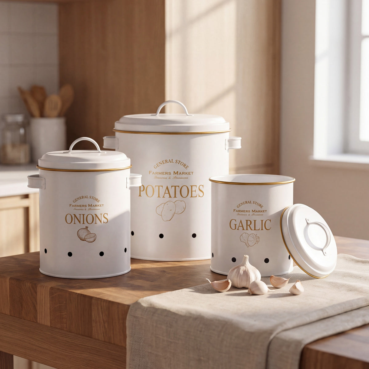 Vintage Farmhouse 3-Piece Potato, Onion & Garlic Storage Bin Set