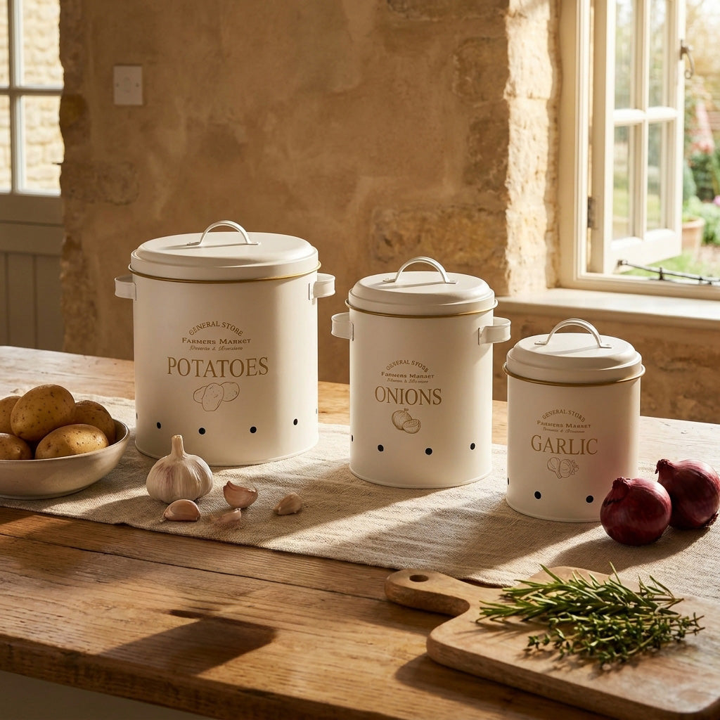 Vintage Farmhouse 3-Piece Potato, Onion & Garlic Storage Bin Set