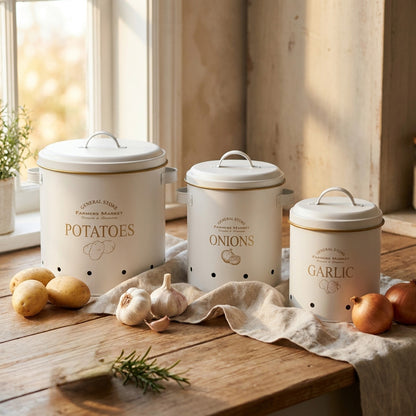 Vintage Farmhouse 3-Piece Potato, Onion & Garlic Storage Bin Set