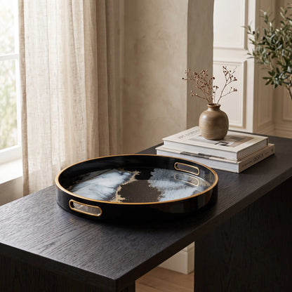 Round Black Abstract Drinks & Candle Tray