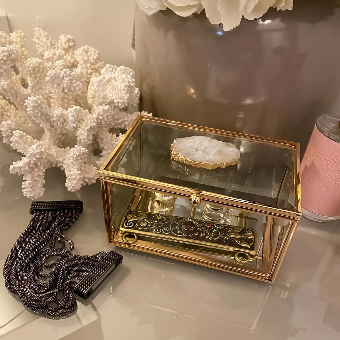 Rectangular Crystal Glass Agate Stone Jewellery Display Box
