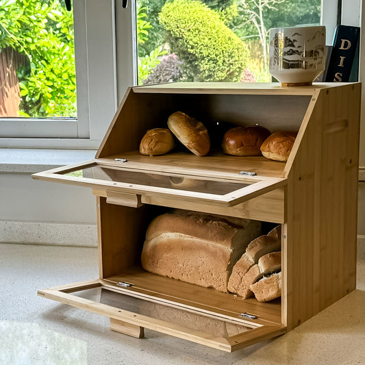 Large Bamboo 3-Compartment Bread Bin