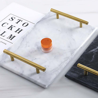 Rectangular White Marble Tray With Gold Metal Handles