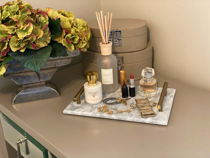 Rectangular White Marble Tray With Gold Metal Handles