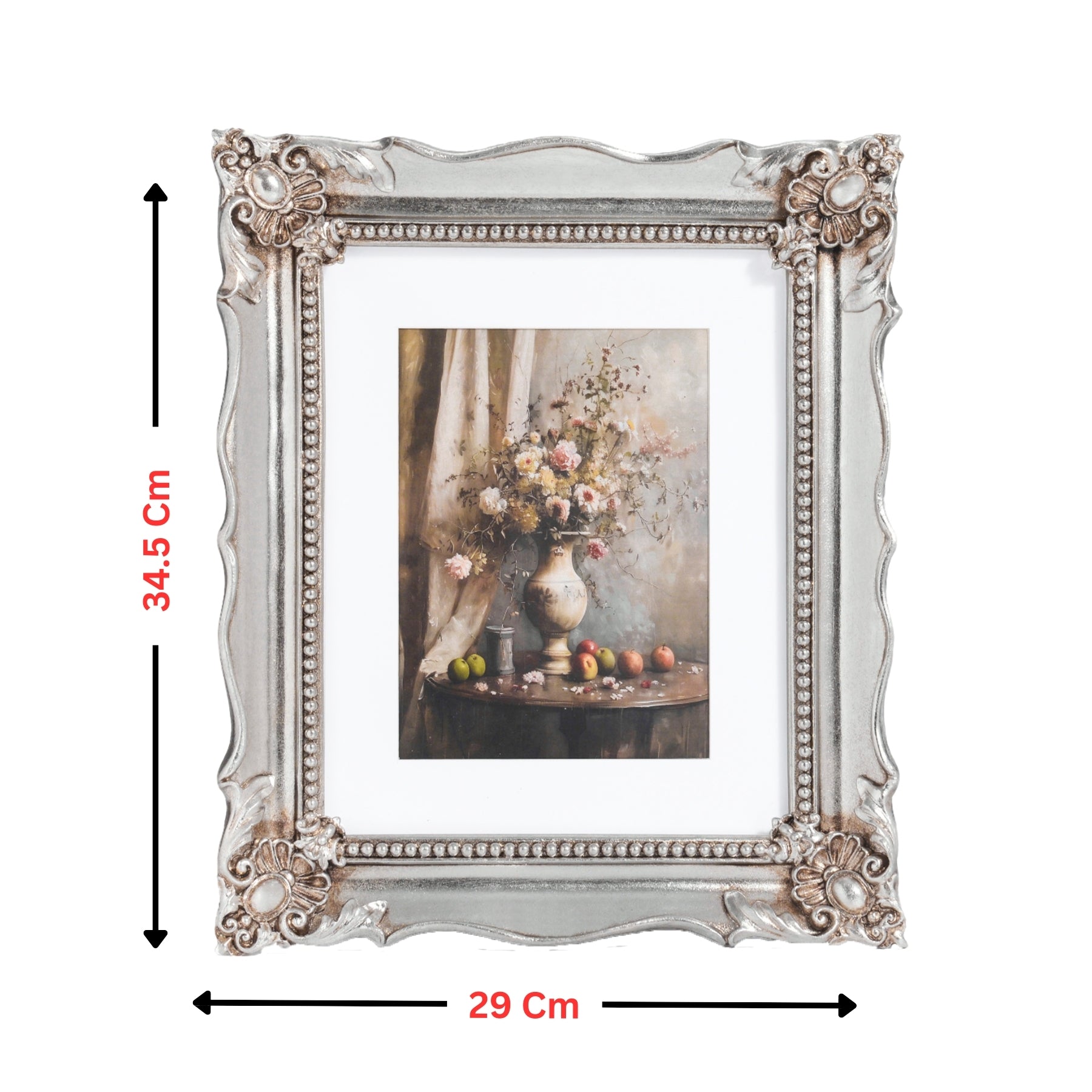 Decorative picture frame with floral artwork inside, showing dimensions on a white background.