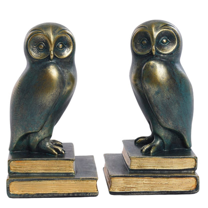 Green Bird Owl Rustic Bookend Set Retro Home Office Adult Kids