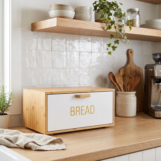 A wooden bread box with a white front panel and gold 'BREAD' lettering sits on a wooden kitchen countertop. The scene includes a tiled backsplash, open shelves with bowls and plants, wooden utensils, and a coffee machine in the background.