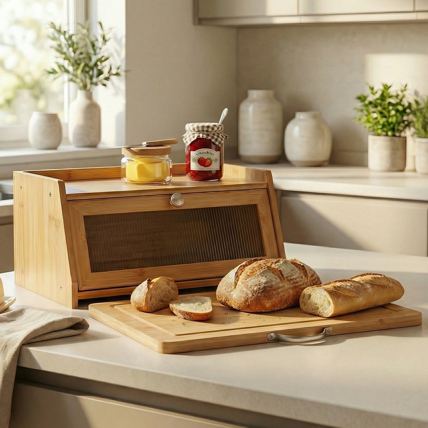 Bamboo Bread Bin Box with Chopping Board Fluted Panel