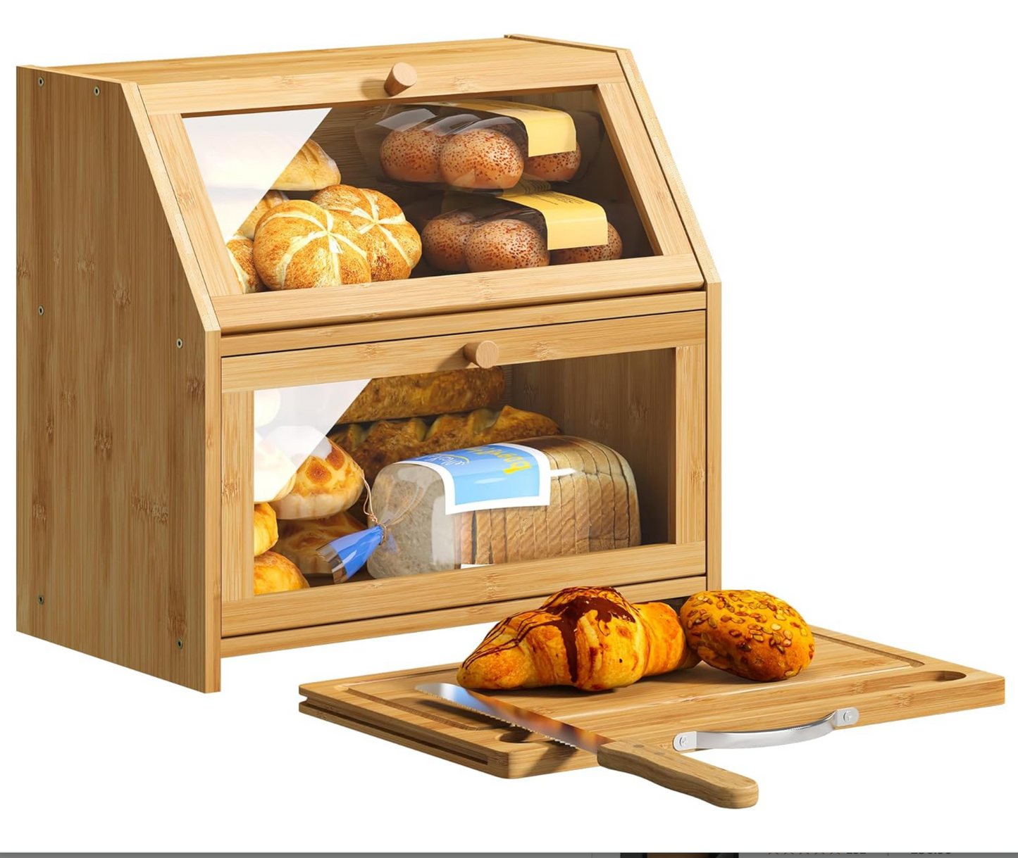 Large 2-Compartment Bamboo Bread Bin with Sliding Chopping Board