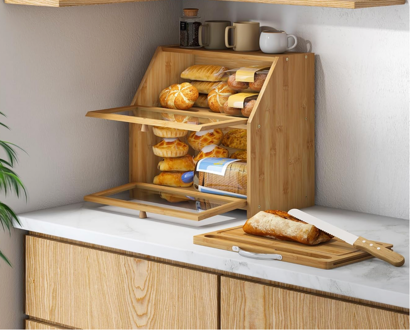 Large 2-Compartment Bamboo Bread Bin with Sliding Chopping Board