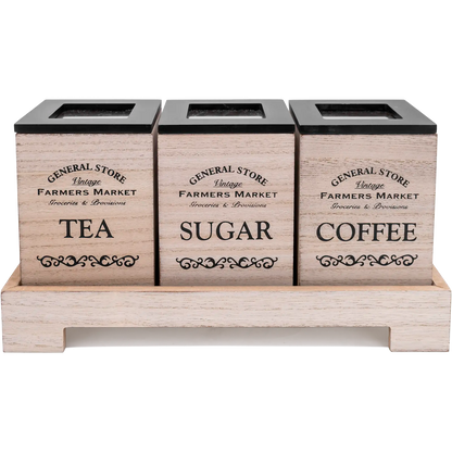 Farmhouse Tea Coffee Sugar 3 Piece Canisters with Stand