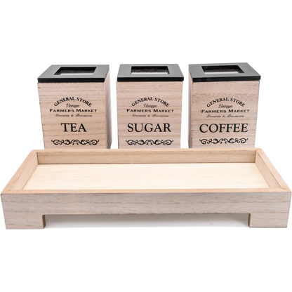 Farmhouse Tea Coffee Sugar 3 Piece Canisters with Stand