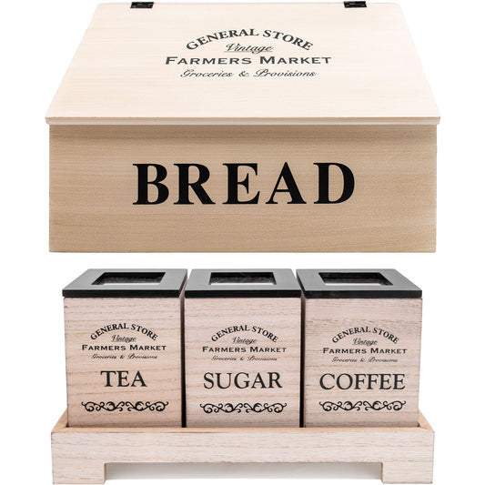Brown Farmhouse Tea Coffee Sugar and Bread Bin Storage Box Set